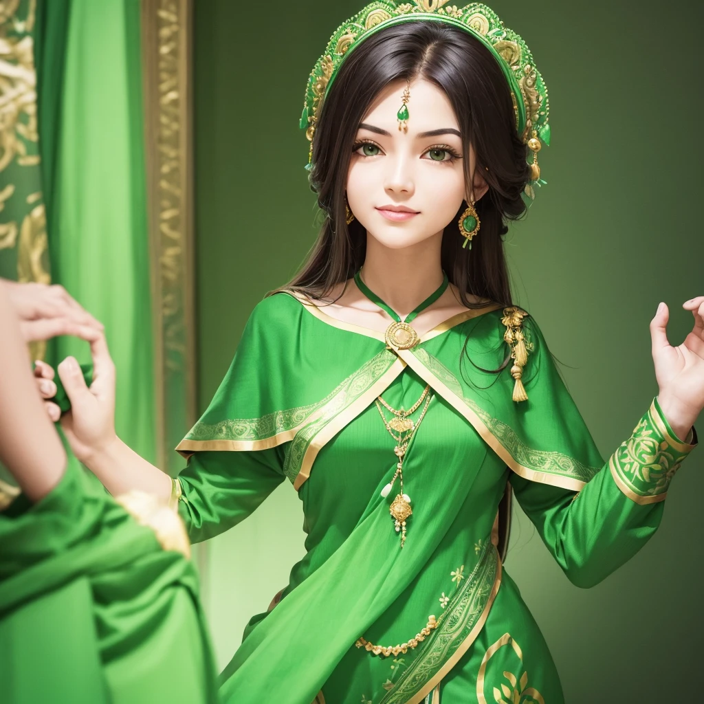 Generate an image of a female advocate wearing a green outfit. She should exude empathy and demonstrate a divine level of responsiveness. The image should capture her interacting with others in a compassionate and understanding manner, emphasizing her nurturing and supportive personality traits.