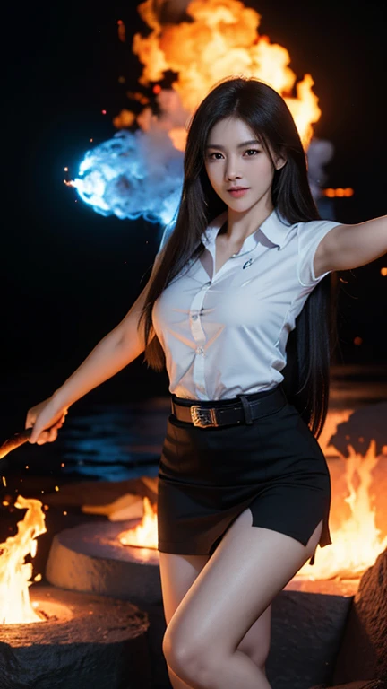 Masterpiece:1.2, best quality, 8k, UHD, high detailed, knee shot, portrait, hyperrealistic, cinematic light, 18s woman, thai university, uniform, white shirt, black tight short skirt, brown sueded belt, perfect figure, perfect body proportions, beautiful, pretty, digital art, light and shadow, goku seiyan  hair, dynamic powerful pose, high contrast, explosive fire, flame, blue ligthening, fire, burning, cloud, big flame around her, dark background, (fire elements:1.2)