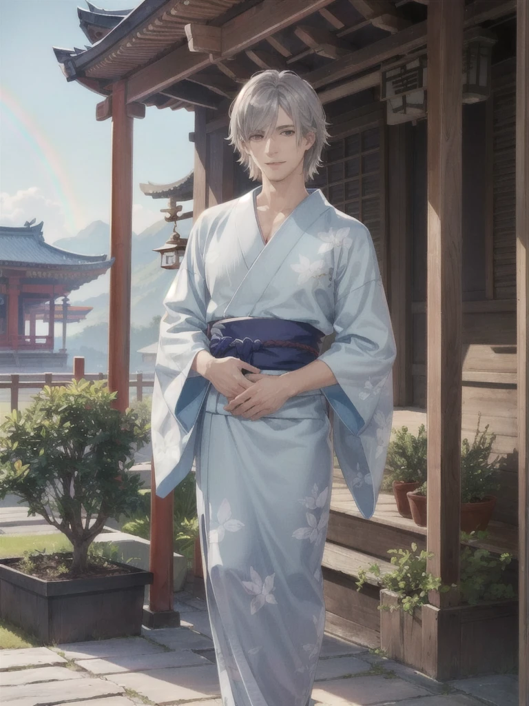 Sharpness, ultra realistic 8k cg, masterpiece, best quality, (realistic:1.3), (perfect face), intricate, beautiful scenery, 1man, looking at viewer, cinematic lighting, smile, handsome face, beautiful skin, 1 man, red short yukata obi, long silver blond hair, (rainbow eyes), temple, cowboy shot, butterfly, standing, full body, hown down