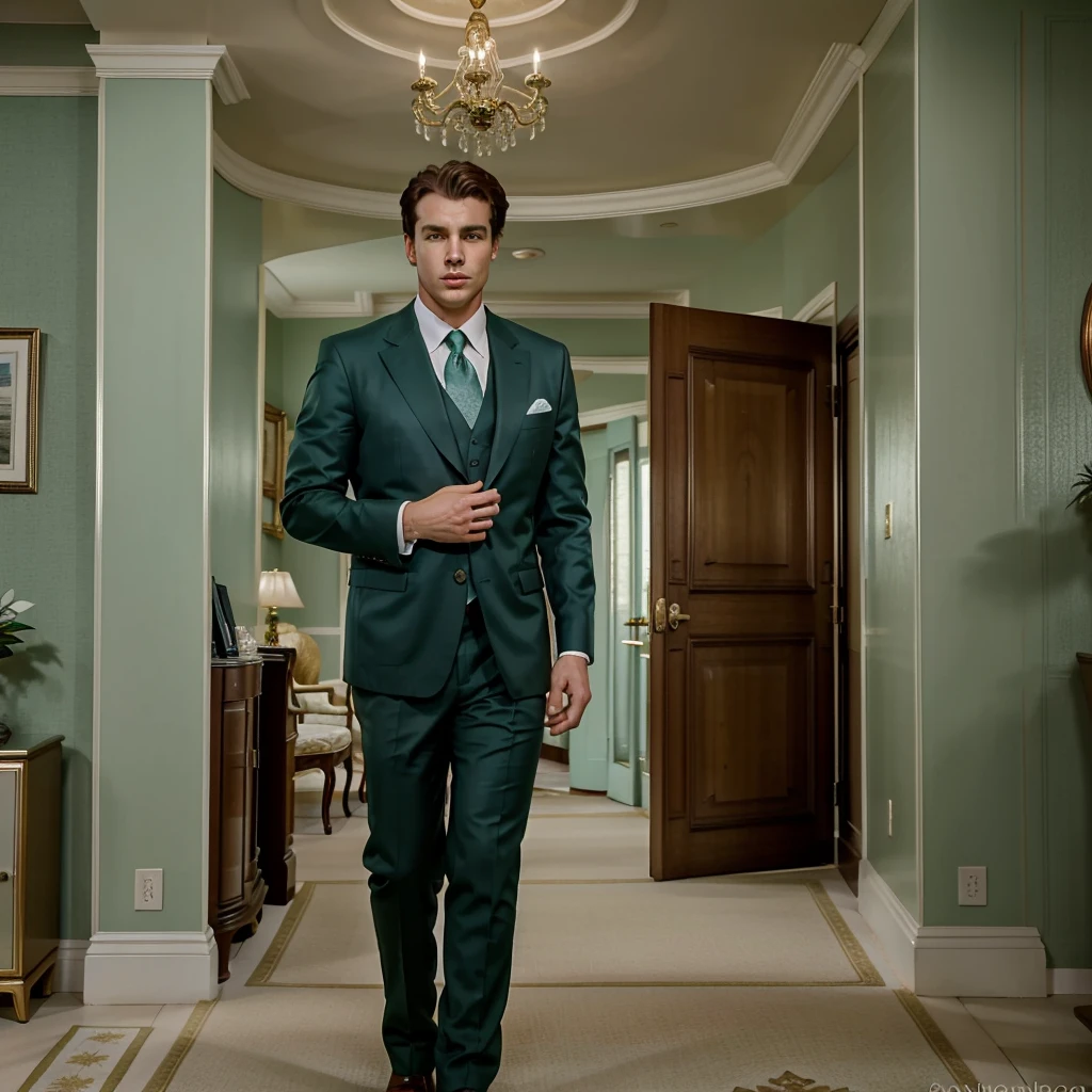 The character is standing in the living room, seeing off the guests, Brown hair, Mid-Sea Appearance, handsome male, elegant pose, in a sea green suit, The surroundings exude tranquility and luxury, ( Old Money Style Image),ultra realistic