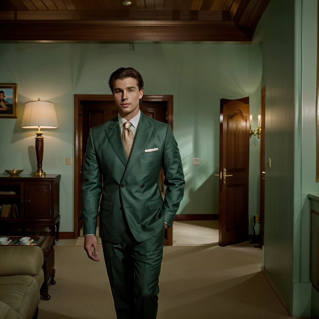 The character is standing in the living room, seeing off the guests, Brown hair, Mid-Sea Appearance, handsome male, elegant pose, in a sea green suit, The surroundings exude tranquility and luxury, ( Old Money Style Image),ultra realistic