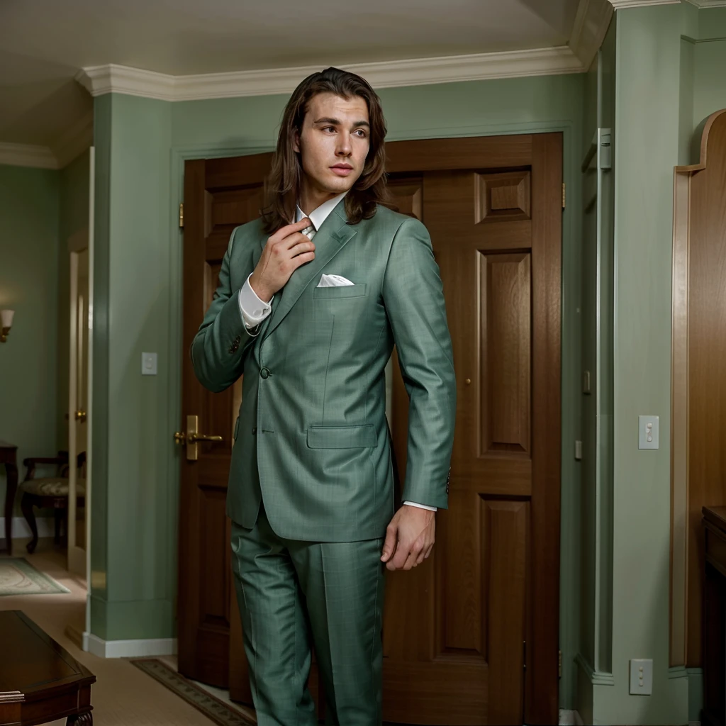 The character is standing in the living room, seeing off the guests, Brown hair, Mid-Sea Appearance, handsome male, elegant pose, in a sea green suit, The surroundings exude tranquility and luxury, ( Old Money Style Image),ultra realistic