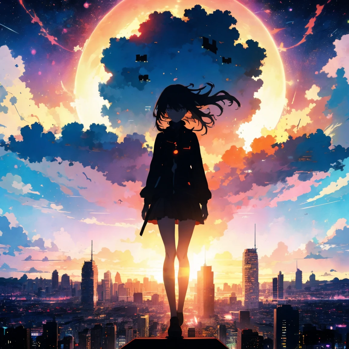 anime, (silhouette),One girl, star (null), cloud, cityscape, building, city, Outdoor, nullscraper, city lights, night, night null, sunset, nullline