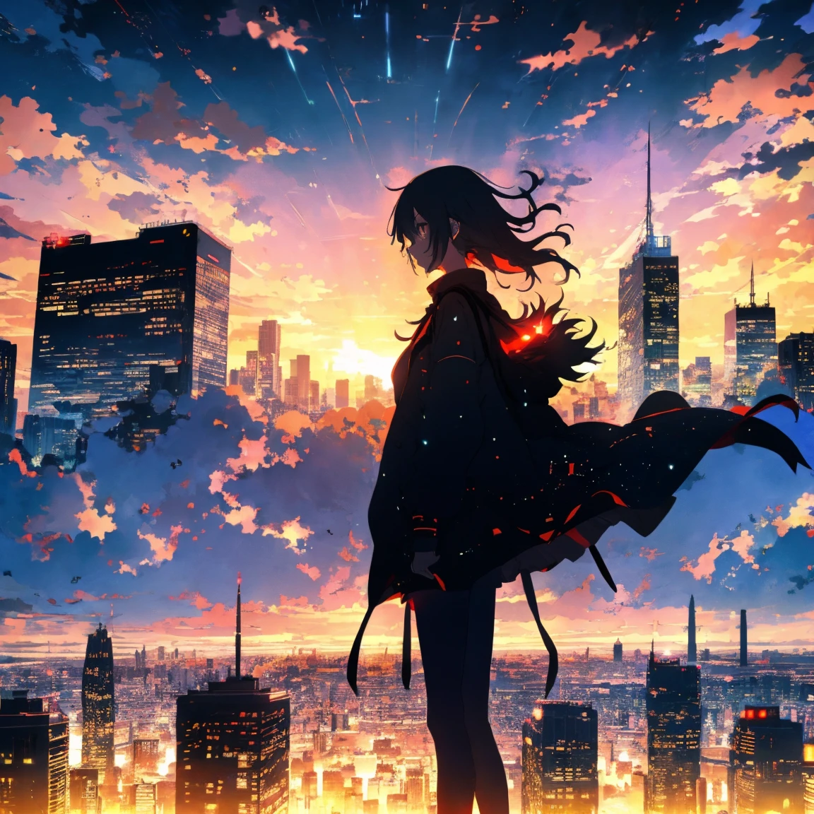 anime, (silhouette),One girl, star (null), cloud, cityscape, building, city, Outdoor, nullscraper, city lights, night, night null, sunset, nullline