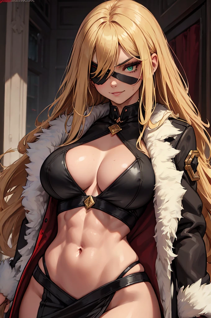 ((masterpiece)), ((best quality)), 1girl, adult, long hair, ((blonde hair)), very long blonde hair, ((intimidant look)), ((close-up)), profile image, green eyes, black and red clothes, sexy, dark colors, brillant eyes, ((coat with fur)), ((wavy hair)), exposed skin, ((sexy pose)), ((intimidant look)), good anatomy, ((dark sage clothes)), ((straight cut bangs)), emotionless, intimidant, ((beautiful eyes)), close up, ((detailed eyes)), beautiful eyes, ((detailed face)), hair bang, frontal look, evil, abs, relaxed, smile, magical goddess othinus, detailed face, eyepatch, full body, ((detailed))