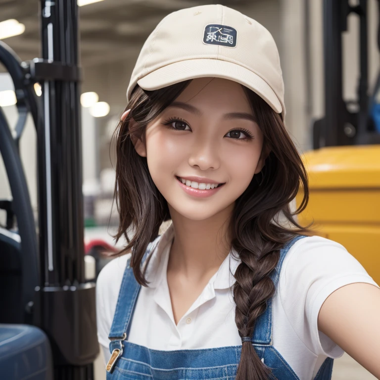 ((Highest quality)), ((masterpiece)), (detailed), One person(Highest quality, 8K, 32k, masterpiece, Ultra-high resolution:1.2),Beautiful Japanese Women Photos、Group of 2、healthy、Glowing Skin, Shallow depth of field、Contrasting、Professional Model、looking forward to it、Overbyte、mouth half open、blush:2.5、Random hairstyles for short hair、Black Hair、Face close-up、Portraiture、Teeth are visible、Big Mouth、Droopy eyes、Round face、Multiple moles、Fair skin、Active 24 year old、Brown eyes、Big smile、Forklift operation、Wear a uniform、Wear a work hat、Overall view、I can see a forklift