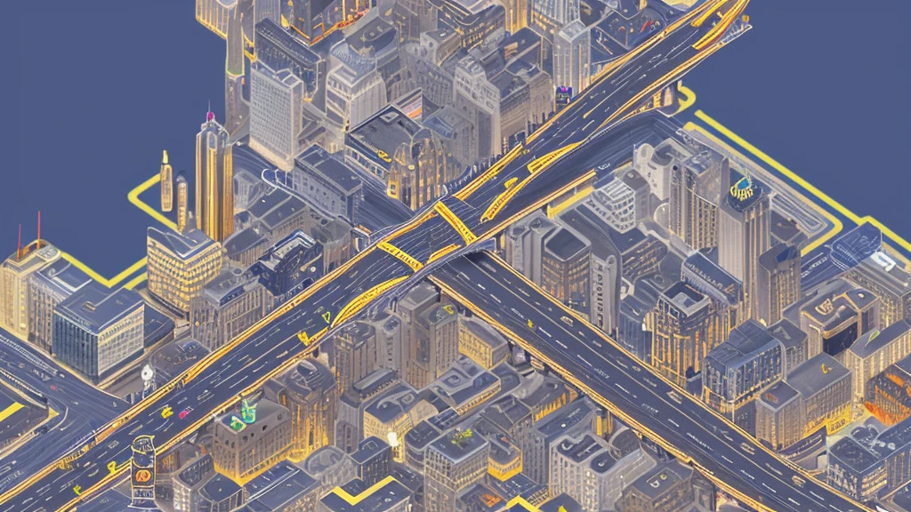 Straight road running from right to left through the center of city, game concept, game map, pixel, pixel art, (straight road:1.2), paved road, night, detailed, horizontal, bird's eye view, modern city, front projection