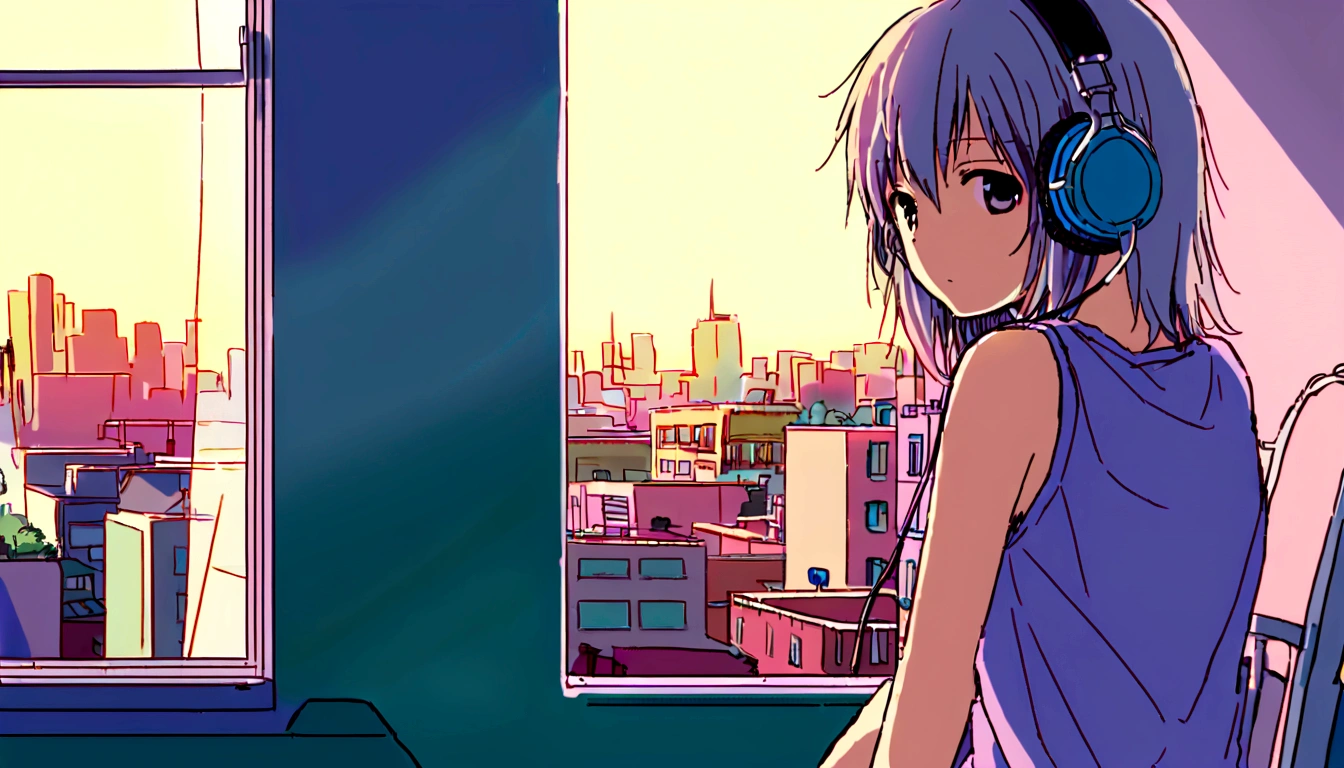 portlate、512、Lo-Fi(Lo-Fi)、Girl sitting on a chair with headphones on、getting undressed to take a shower、City view outside the window、Early evening、Pastel colors、Painting, 18 years old.