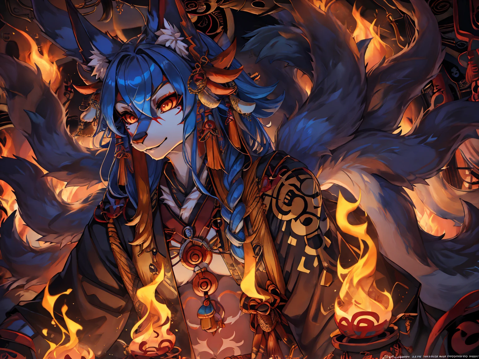 Kitsune 9 tails, add high definition_detail:1, blue fur,kitsune ears, tribal tattoo add_detail:1, in hell add_detail, batwigns add_detail Fer yokai kitsune.
