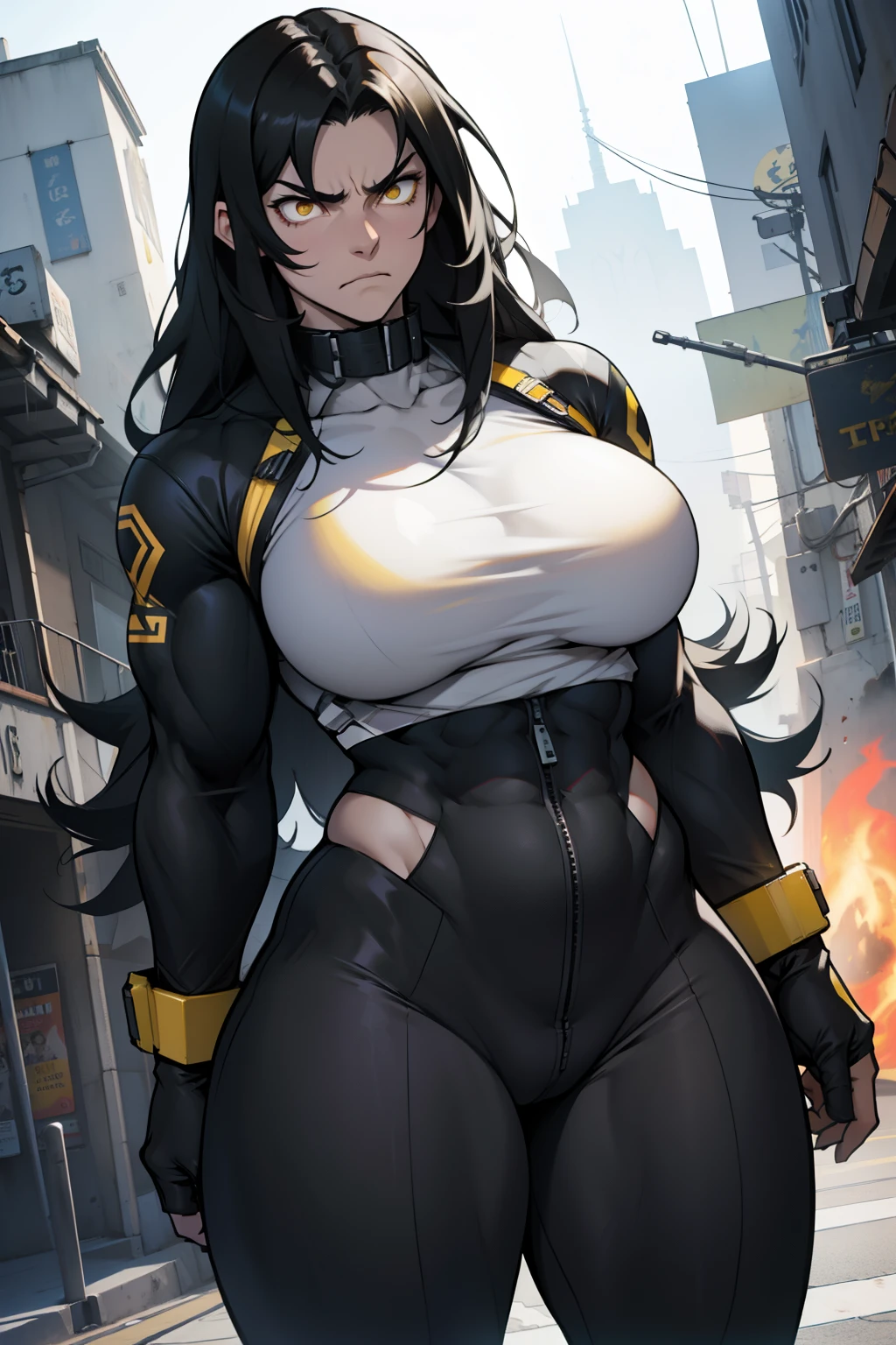 giant breasts giant muscles giant thighs giant black hair yellow eyes pale skin long hair angry sad frown tight fitting clothes