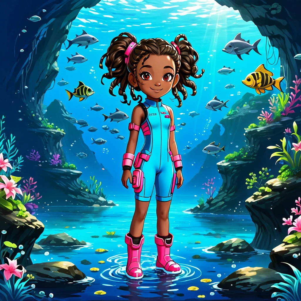 Create a full-body view of a kid-friendly avatar of a young girl named Arya with dark skin, hair styled in pigtails with pink and red bows. She is wearing scuba gear, including a pink wetsuit, blue overalls, goggles, snorkel, and pink flippers. The avatar should be cartoonish with large, expressive eyes, a friendly smile, and a playful demeanor. The background should be a simple blue gradient.