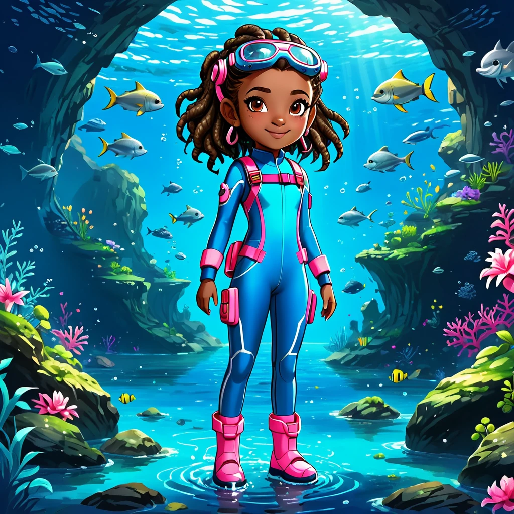 Create a full-body view of a kid-friendly avatar of a young girl named Arya with dark skin, hair styled in pigtails with pink and red bows. She is wearing scuba gear, including a pink wetsuit, blue overalls, goggles, snorkel, and pink flippers. The avatar should be cartoonish with large, expressive eyes, a friendly smile, and a playful demeanor. The background should be a simple blue gradient.