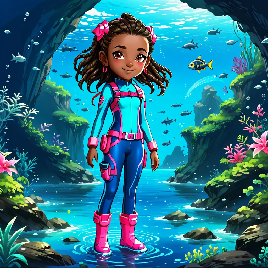 Create a full-body view of a kid-friendly avatar of a young girl named Arya with dark skin, hair styled in pigtails with pink and red bows. She is wearing scuba gear, including a pink wetsuit, blue overalls, goggles, snorkel, and pink flippers. The avatar should be cartoonish with large, expressive eyes, a friendly smile, and a playful demeanor. The background should be a simple blue gradient.