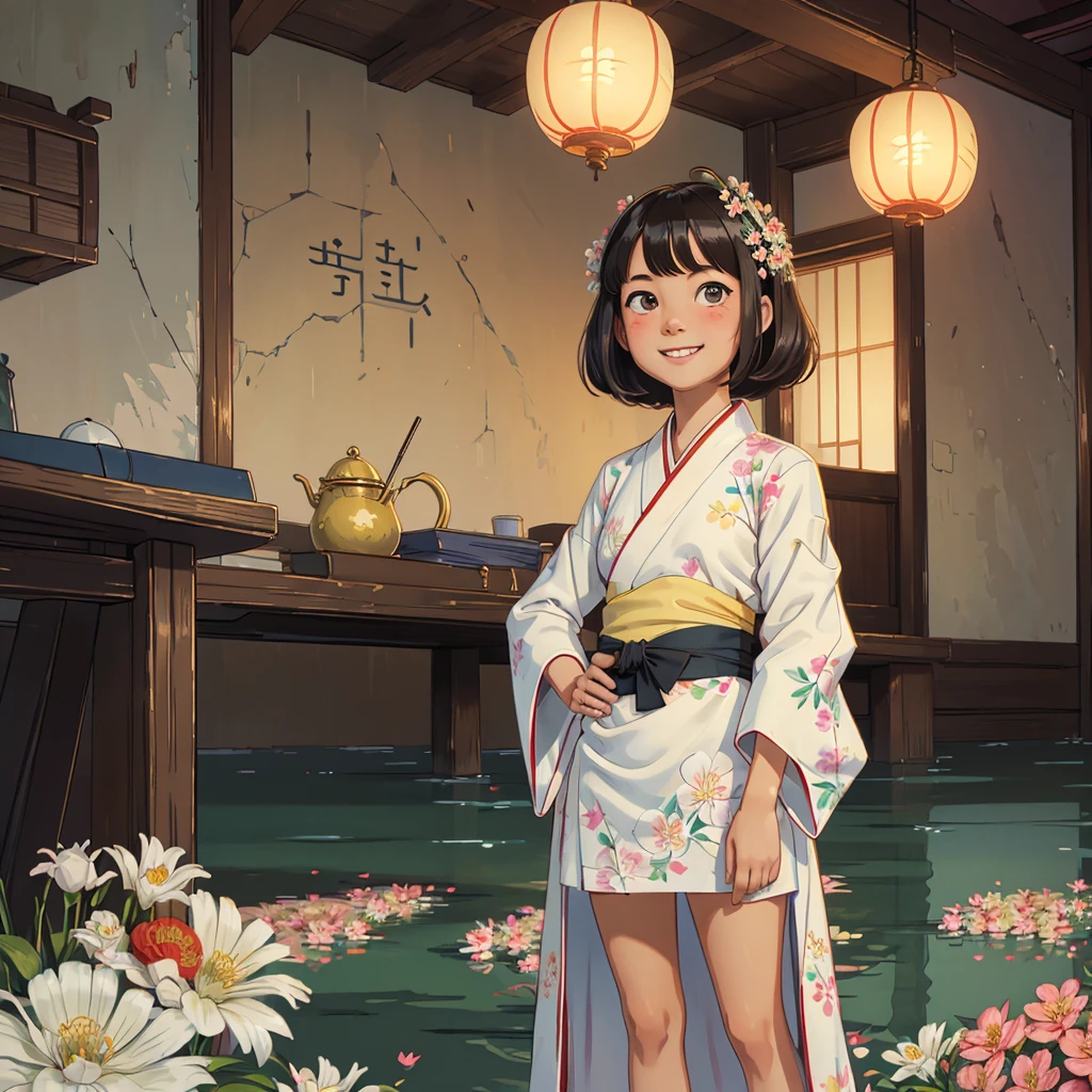 Highest quality,masterpiece,One girl,alone,(((9 years old))),Fireworks are bursting behind me、Japanese Girls,Very cute and beautiful girl,Very exquisite beautiful face and eyes,a bit,Cute face,Nice face,Baby Face,A shy smile,Showing teeth,Black Hair,Medium Short Hair,Flat Chest,skinny,thin,(((Wearing a short, white floral Hanfu mini-dress))),(((Standing in a Japanese castle))),She is looking at the audience,