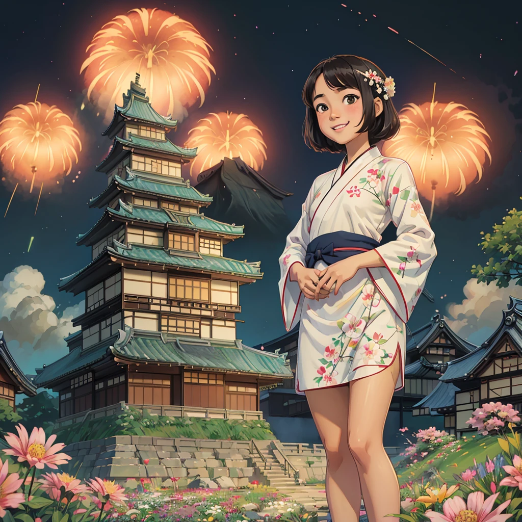 Highest quality,masterpiece,One girl,alone,(((9 years old))),Fireworks are bursting behind me、Japanese Girls,Very cute and beautiful girl,Very exquisite beautiful face and eyes,a bit,Cute face,Nice face,Baby Face,A shy smile,Showing teeth,Black Hair,Medium Short Hair,Flat Chest,skinny,thin,(((Wearing a short, white floral Hanfu mini-dress))),(((Standing in a Japanese castle))),She is looking at the audience,