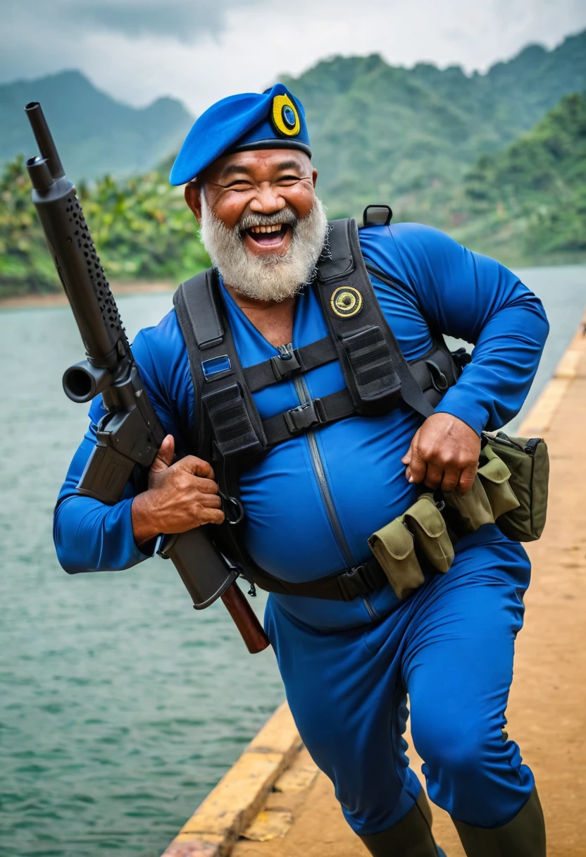 (a dark-skinned bearded muscular abs chubby old man in a bulky blue zipper diver suit) saluting, carrying a gun in holster and (wearing army beret), muscular, Basuki Abdullah, sumatraism, action, a character portrait, heroic, fierce, laughing