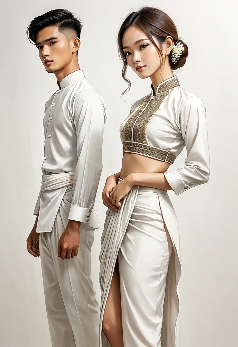 candid fashion illustration of two young man and women, 20 year old, adorned in a meticulously crafted North Thai traditional outfit, ((showcase fashion in a Northern Thai style, cotton handwoven in white color)), simple elegant and luxury style, The man wears a simple long-sleeved white mandarin collar shirt, paired with white Tailor pants, and shoes, The woman complements him with white tubular skirt or Sarong with simple patterns, ankle-length, fitted intricately decorated blouse that complements the skirt. Captured in a low angle, ((full-body image)), stands gracefully against the white backdrop. Their attire simple with intricate embroidery and white accents, each element carefully chosen to reflect the rich Lanna cultural heritage, ((white studio background)), realistic color pencil lines, perfect drawing, charcoal lines, fading sketch, quick Sketch, soft light, fashion illustration, fashion sketching