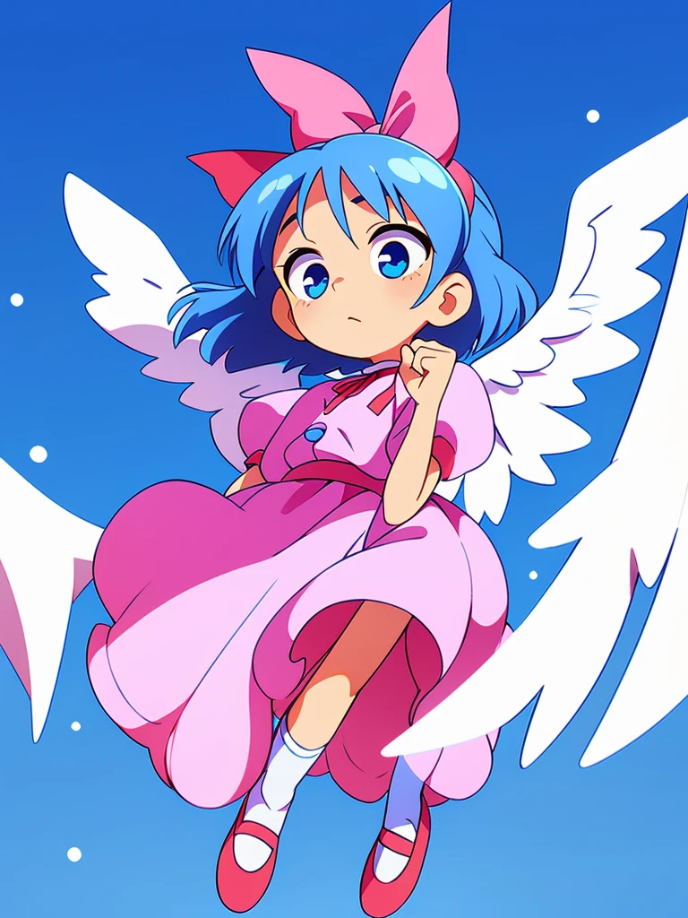 masterpiece, best quality, 1girl, , , , medium blue hair, hair flaps, pink ribbon on head, well-formed face, blue eyes, angel girl, white blouse, puffy short sleeves, red ribbon, angel wings, long white skirt, red shoes, frills, ribbon head
