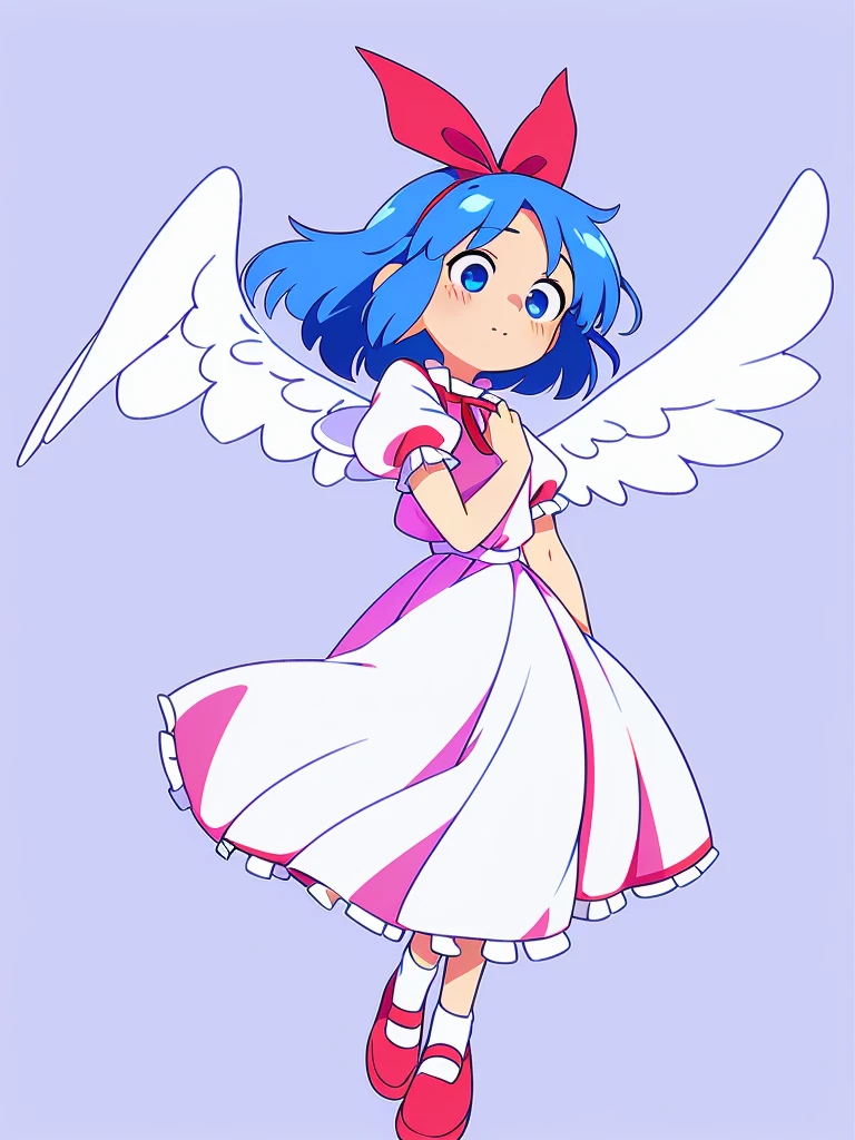 masterpiece, best quality, 1girl, , , 10 years old, medium blue hair, hair flaps, pink ribbon on head, well-formed face, blue eyes, angel girl, white blouse, puffy short sleeves, red ribbon, angel wings, long white skirt, red shoes, frills, ribbon head