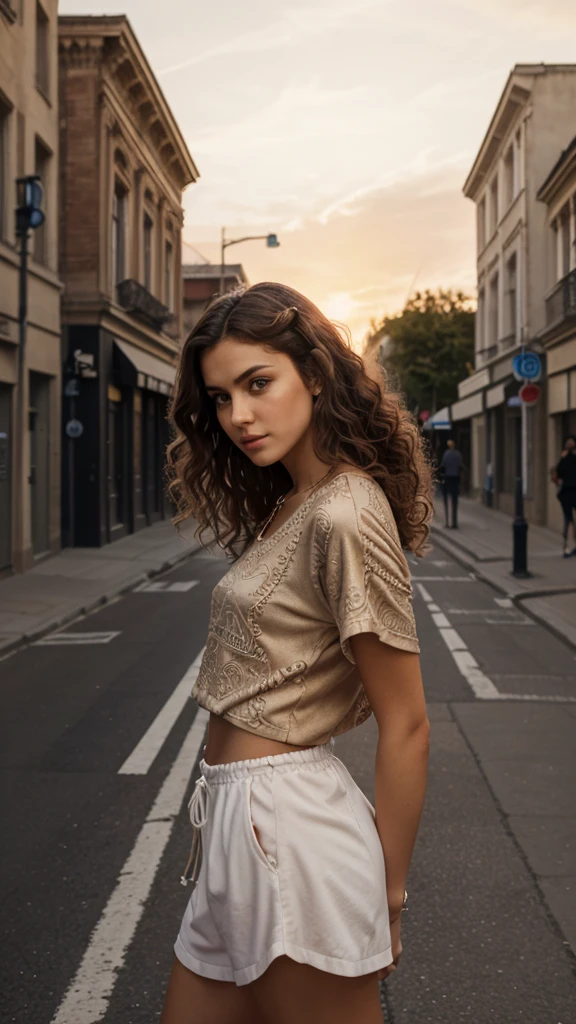 A photorealistic portrait of a young European female model with big, curly brown hair, wearing fashionable street clothes, shown in a mid-shot capturing her confident stance, 6k resolution, intricate details on her hair texture and clothing, set against a urban street backdrop with a mix of modern and classical architecture, highlighted by soft evening sunset lighting.