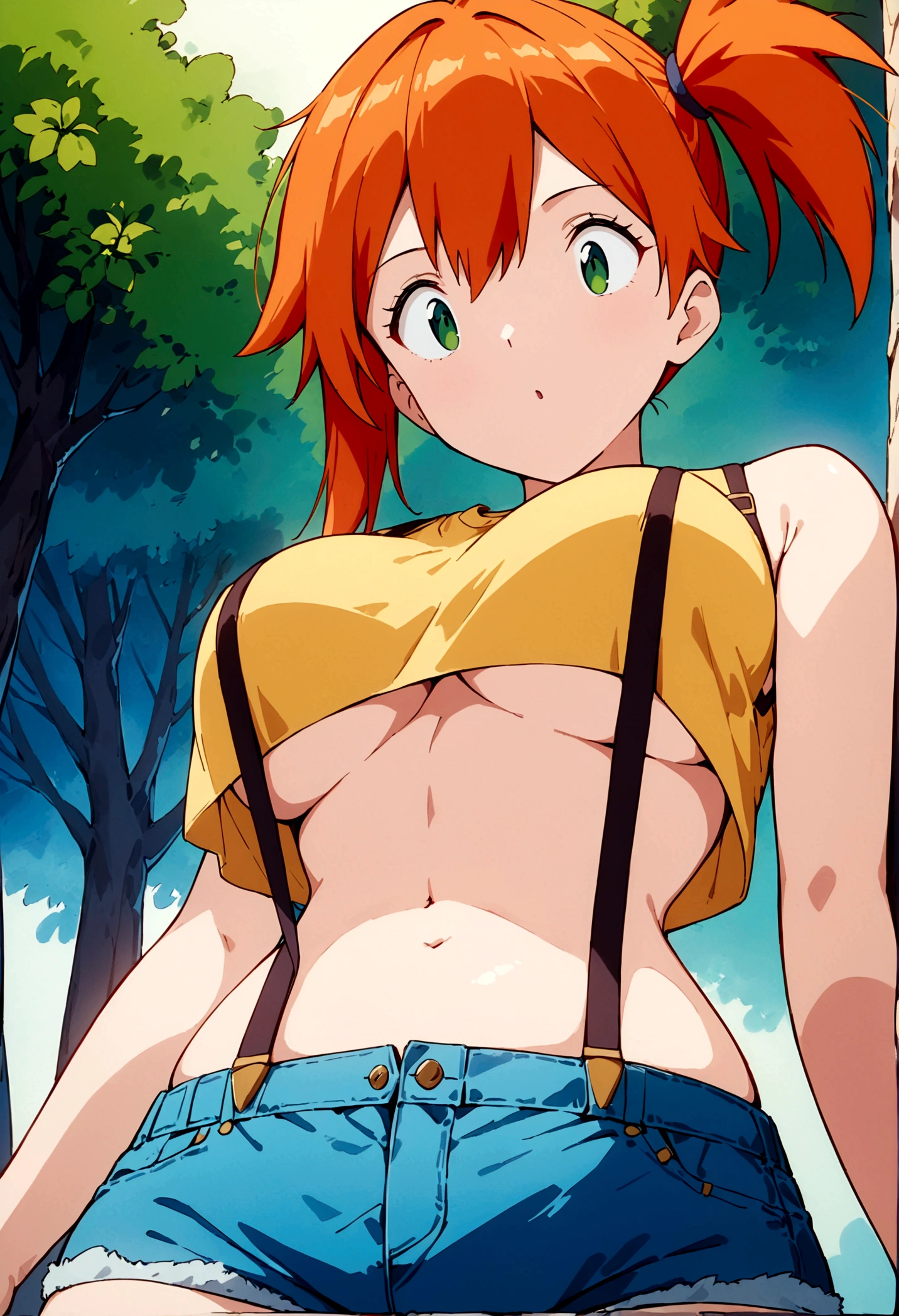 score_9,score_8, score_7_.superior,from below,macro lens. (Low angle shot), (Insect's Eye).,, masterpiece,bestquality, Highest quality, (mature) , (outcome), One girl, Outdoor, Green Eyes, Orange Hair, Side Ponytail, Yellow Shirt, Sleeveless shirt,belly button, Denim shorts, suspenders, Captivating look, Seductive expressions),(under_boob),superfineillustration,finely detail,(absurdres),(shirt pull:1.2),cinematic lighting