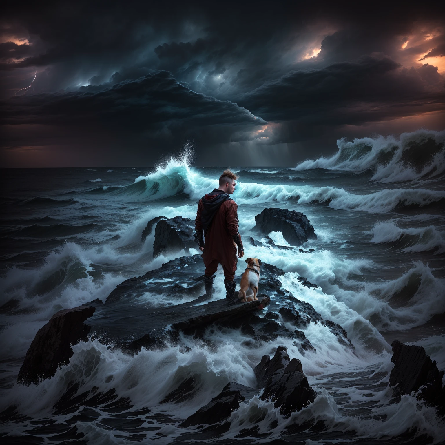 a man stands on a stone with a dog on the beach, The sea and the storms beyond it, dramatic photo, Apocalyptic stormy seas, I'm standing in a whirlpool, Erik Johansson style, Mikko Lagerstedt, dramatic cinematic composition, Braving the Storm, inspired by Alexander Jansson, Erik Johansson, End of the world