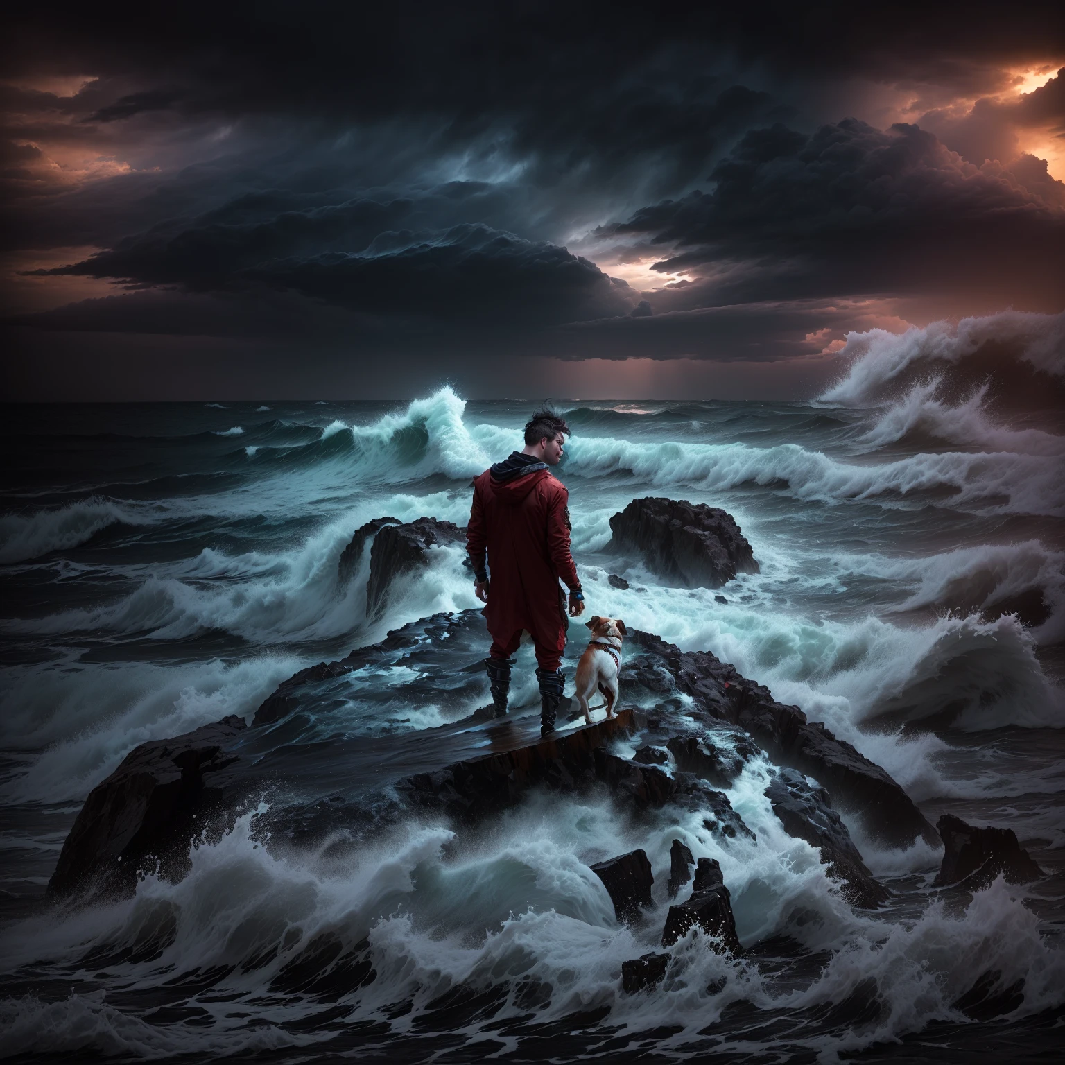 a man stands on a stone with a dog on the beach, The sea and the storms beyond it, dramatic photo, Apocalyptic stormy seas, I'm standing in a whirlpool, Erik Johansson style, Mikko Lagerstedt, dramatic cinematic composition, Braving the Storm, inspired by Alexander Jansson, Erik Johansson, End of the world