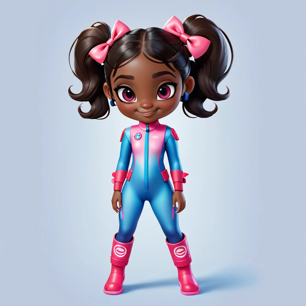 Create a full-body view of a kid-friendly avatar of a young girl named Arya with dark skin, hair styled in pigtails with pink and red bows. She is wearing scuba gear, including a pink wetsuit, blue overalls, goggles, snorkel, and pink flippers. The avatar should be cartoonish with large, expressive eyes, a friendly smile, and a playful demeanor. The background should be a simple blue gradient.