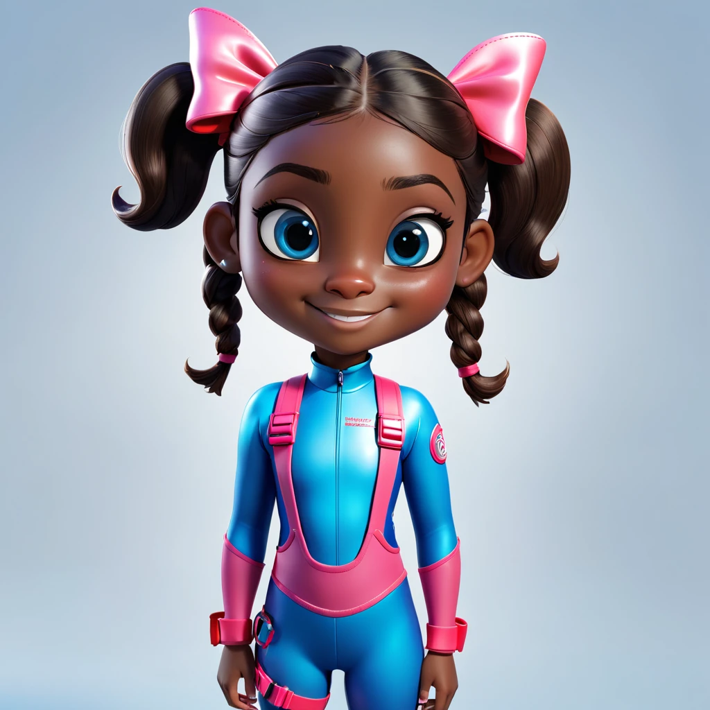 Create a full-body view of a kid-friendly avatar of a young girl named Arya with dark skin, hair styled in pigtails with pink and red bows. She is wearing scuba gear, including a pink wetsuit, blue overalls, goggles, snorkel, and pink flippers. The avatar should be cartoonish with large, expressive eyes, a friendly smile, and a playful demeanor. The background should be a simple blue gradient.