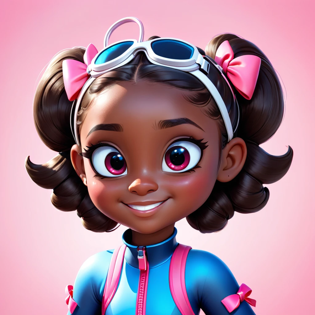 Create a full-body view of a kid-friendly avatar of a young girl named Arya with dark skin, hair styled in pigtails with pink and red bows. She is wearing scuba gear, including a pink wetsuit, blue overalls, goggles, snorkel, and pink flippers. The avatar should be cartoonish with large, expressive eyes, a friendly smile, and a playful demeanor. The background should be a simple blue gradient.