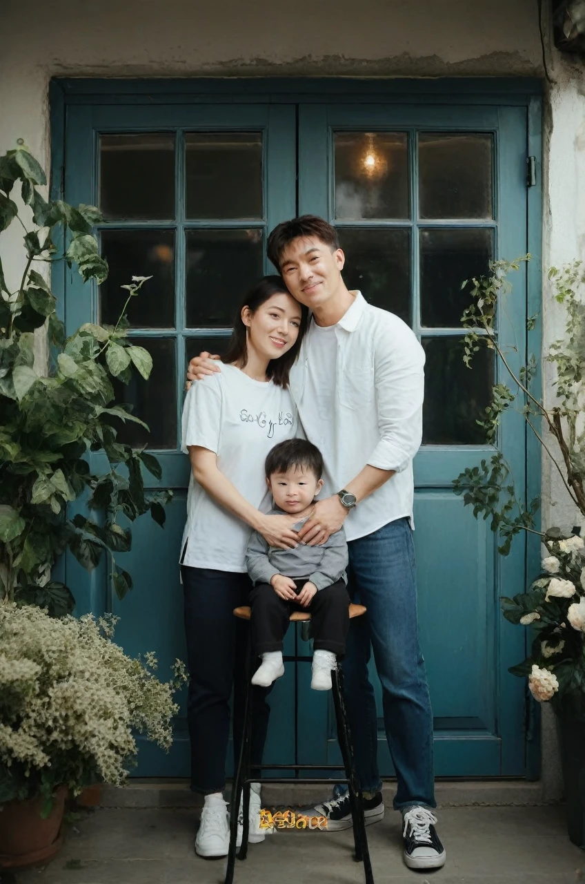 A korean man is standing in front of a rustic blue double door with glass panes at the top, surrounded by green potted plants. The man has short hair styled in a casual manner and is wearing a white shirt and denim  ants. A young korean woman is hugging the man from left side. The woman is wearing a white t-shirt and dark pants, while the toddler boy on the right is wearing a grey top and black pants and is seated on a tall stool. The lighting is soft and natural, suggesting an overcast day or shaded area that diffuses direct sunlight. The pose is affectionate with the children clinging to the adult’s waist tightly as if embracing them lovingly. The camera angle is at eye level capturing this tender moment from slightly below waist height to just above head height of the adult.