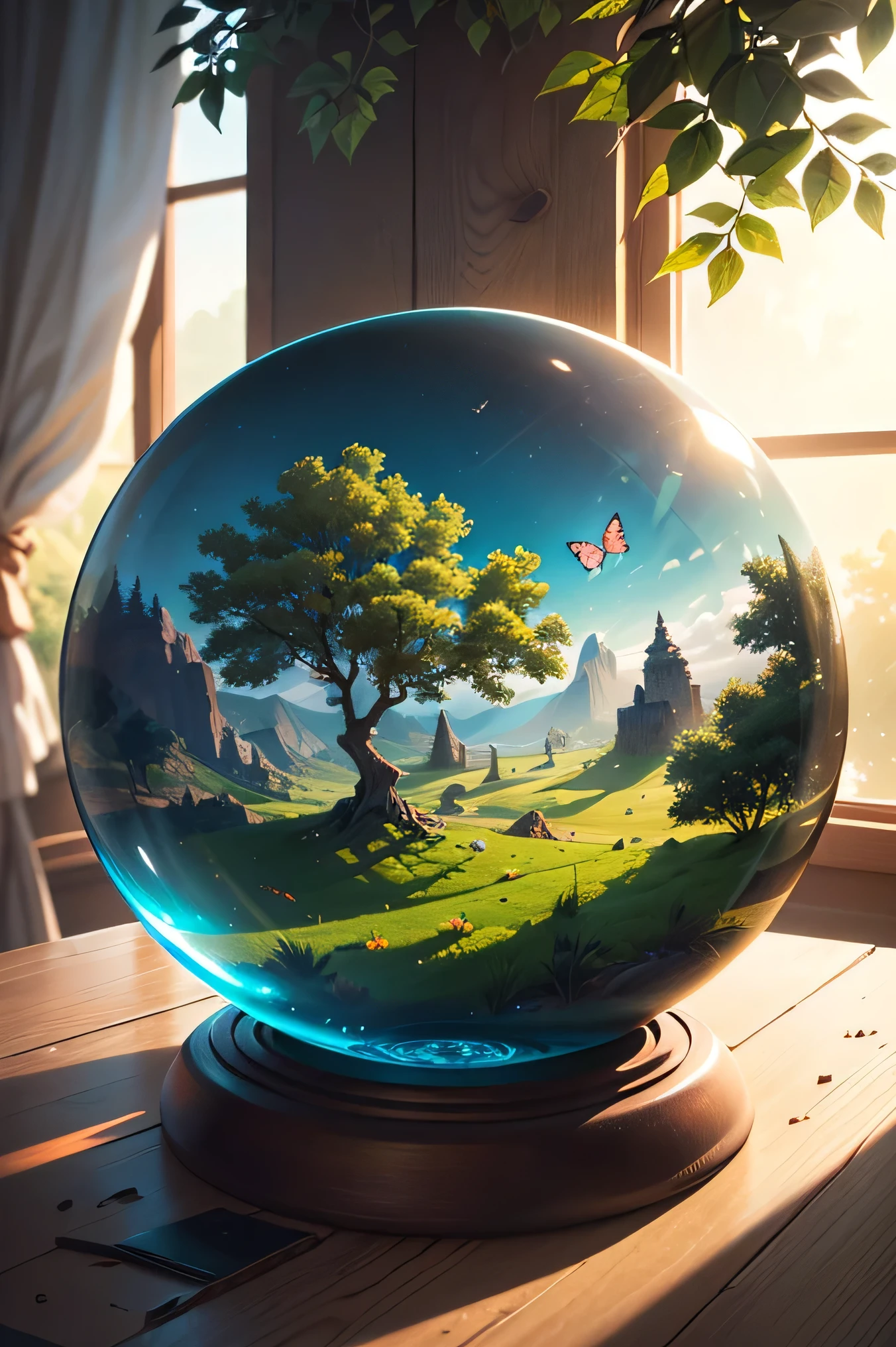 (Masterpiece),(Best quality:1.0), (Ultra-high resolution,), Detailed, A glass ball，There is a tree inside, digital art, cg society contest winner, Butterflies and sunlight, concept art design illustration, Beautiful digital illustration, Closed ecosystems