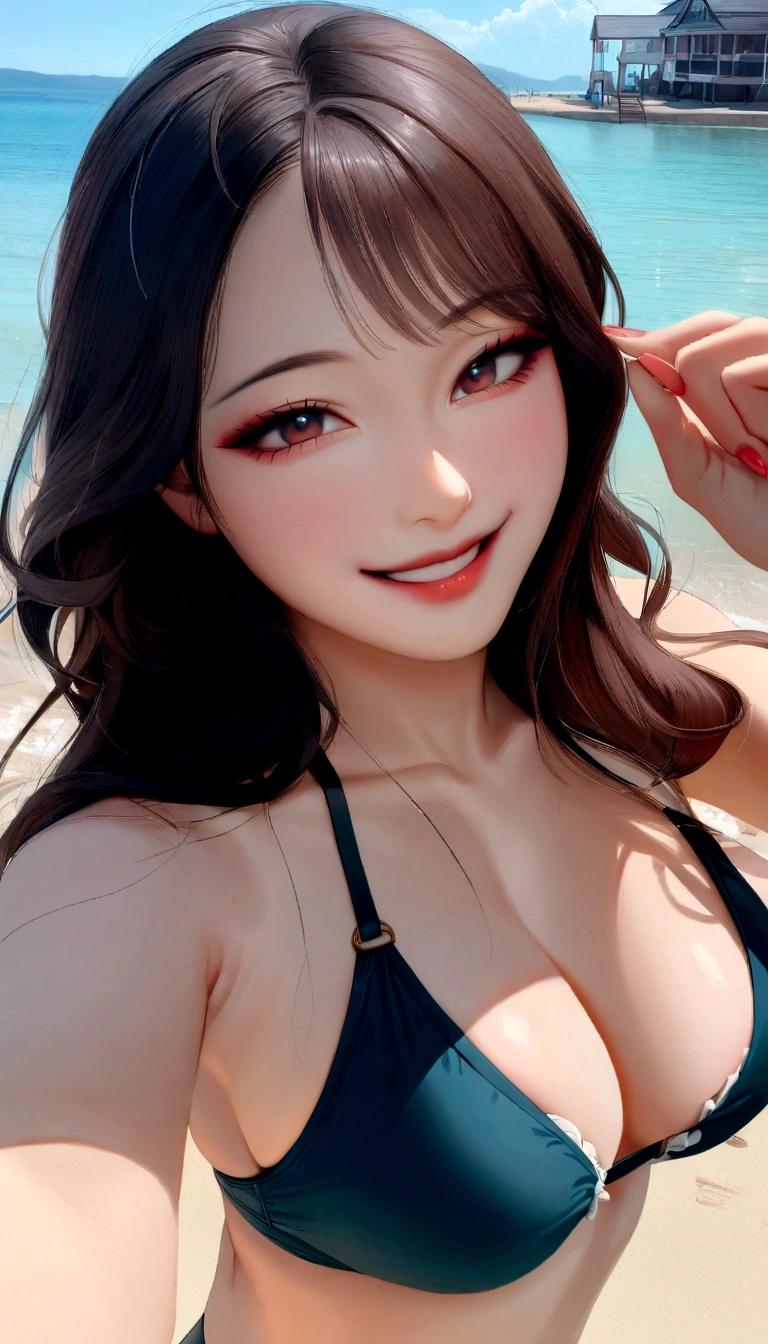 A fifty-something Asian woman in a bikini posing on the beach, Gorgeous Young Korean Woman, Beautiful young Korean woman, Beautiful Korean Women, It's hot with the shining sun, Jaeyoung Nam, Korean Girls, Young and adorable Korean face, 8K Selfie, Girl cute beautiful face, San Yun-ju, Lee Ji-eun, Lee Ji-eun, Cute seductive smile