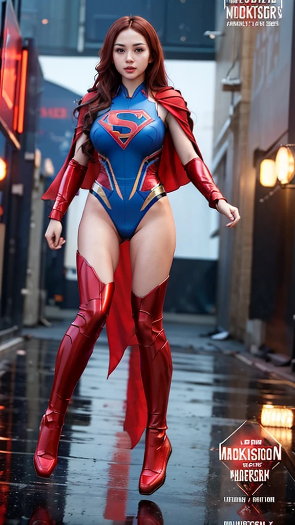 (masterpiece), (best quality), (ultra detailed), (epic lights reflections), glowing, luminous neon lights, 1girl, red eyes, red hair, full makeups, red lips, fit body hair blown by strong winds, she is a Beautiful Supergirl, very tight body shape suit, blue red Supergirl bodysuit, ultra bodysuit details, red cape blown by winds, ((full body)), symmetrical pose, model posing in the middle, metropolis city,