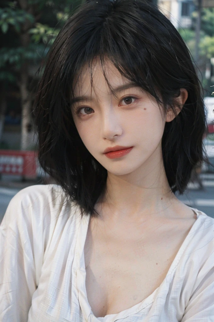 (Skin details:1.4), (smooth skin textures:1.3), Lipstick, background, earrings, Serene, calm, (Realistic and detailed eyes:1.2), (Large Breasts:1.3),Natural skin texture, Realistic facial details, Soft dramatic lighting, Vivid details, 35 mm film, outdoor, (Photo Practical:1.4), (hyper Practical:1.4), (Practical:1.3), (Smoother lighting:1.05), (Improve lighting quality:0.9), (Highest quality real skin textures:1.4), Exquisite eyes, Delicate face, Close-up of face, (Enhance the beauty of skin texture:1.1), Hair details, Model,normal body ratio, short hair, Moles under the eyes, Park background,Portrait Photography, Depth of Field, bokeh, Surrealism, Ray Tracing, (Portrait Photography:1.1), Surrealism, High Detail, clair obscur, Ray Tracing, reflected light, ultra HD, ultra HD, masterpiece, Textured Skin, Super Detail, High Detail, high quality, best quality