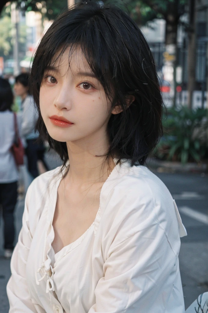 (Skin details:1.4), (smooth skin textures:1.3), Lipstick, background, earrings, Serene, calm, (Realistic and detailed eyes:1.2), (Large Breasts:1.3),Natural skin texture, Realistic facial details, Soft dramatic lighting, Vivid details, 35 mm film, outdoor, (Photo Practical:1.4), (hyper Practical:1.4), (Practical:1.3), (Smoother lighting:1.05), (Improve lighting quality:0.9), (Highest quality real skin textures:1.4), Exquisite eyes, Delicate face, Close-up of face, (Enhance the beauty of skin texture:1.1), Hair details, Model,normal body ratio, short hair, Moles under the eyes, Park background,Portrait Photography, Depth of Field, bokeh, Surrealism, Ray Tracing, (Portrait Photography:1.1), Surrealism, High Detail, clair obscur, Ray Tracing, reflected light, ultra HD, ultra HD, masterpiece, Textured Skin, Super Detail, High Detail, high quality, best quality