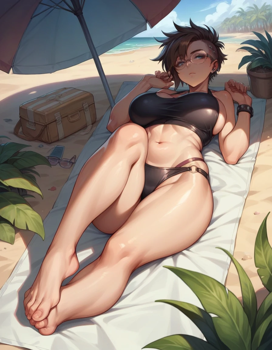 Punk girl with glasses and dark swimsuit., on the beach next to an umbrella in the background, short brown hair, detailed face, big breasts, lying down resting, with your feet, showing your plants in the sand. high quality, high resolution