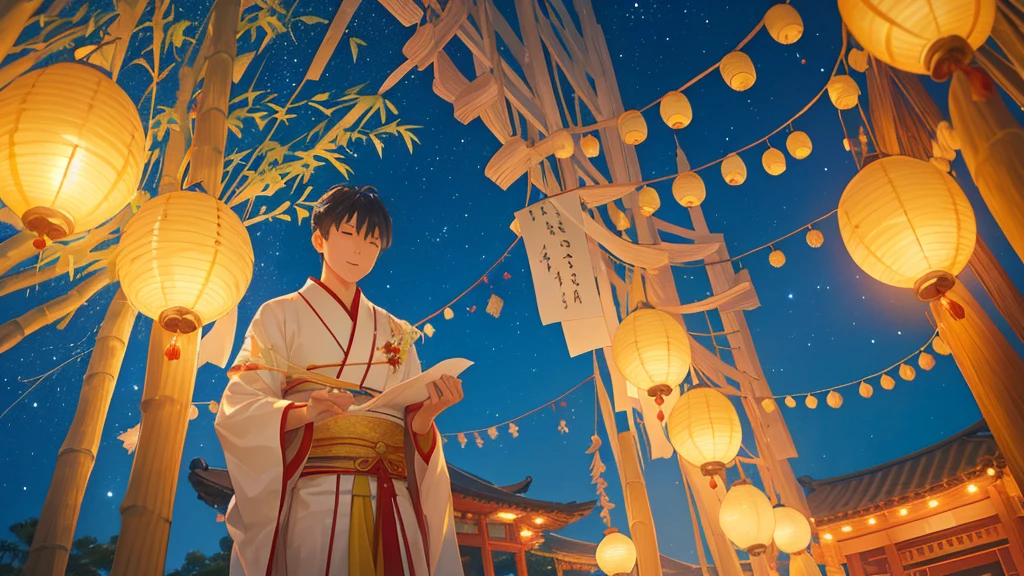 A lively Tanabata night with bamboo branches decorated with colorful ornaments and paper wishes. The night sky is vibrant with a river of stars, The Milky Way spreads out brilliantly. The stars sparkle like diamonds, Bamboo leaves sway gently. The lanterns emit a warm light, Enhance the festive atmosphere.
