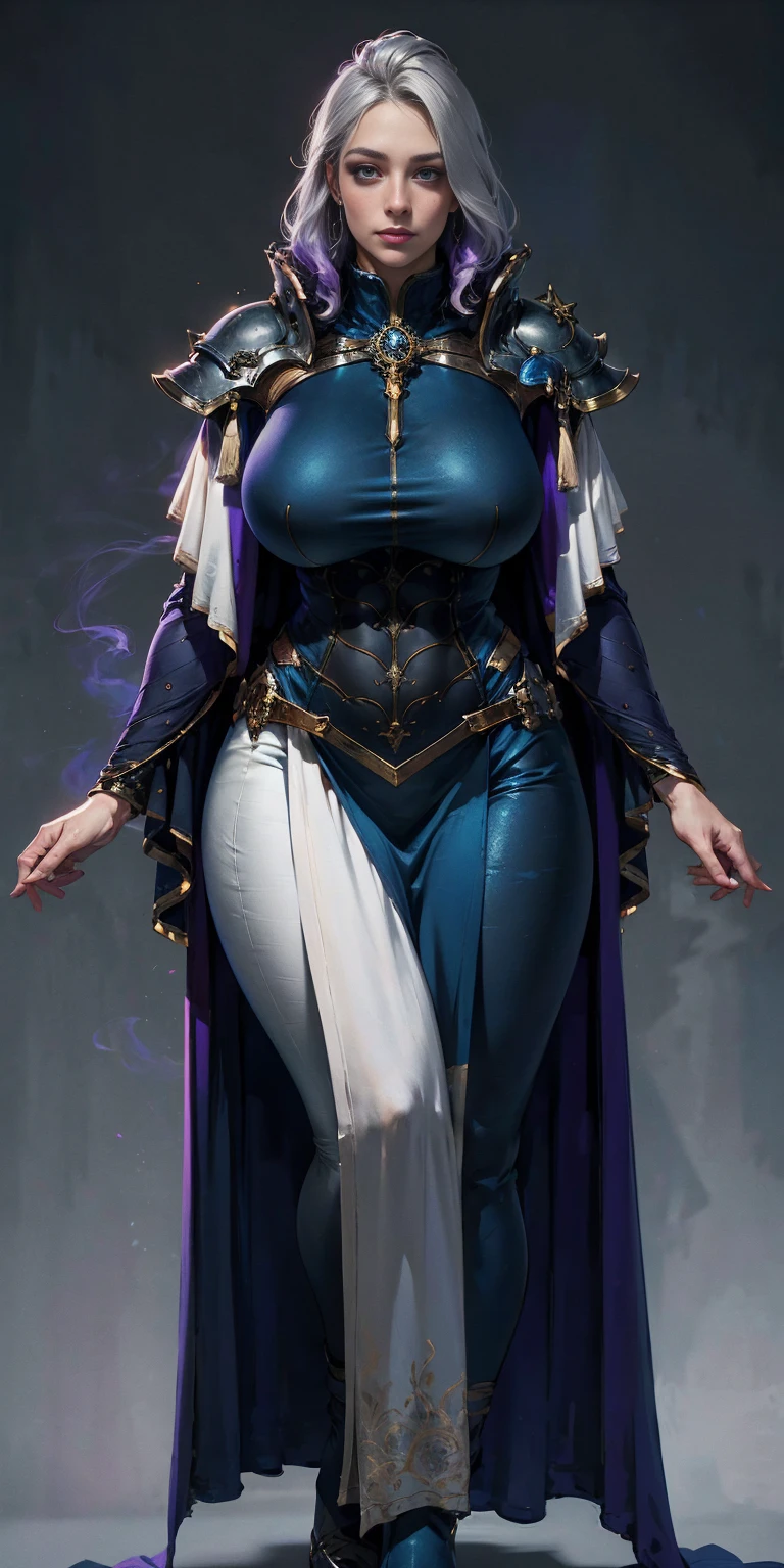 Character:

Female
Chest covered (presumably by clothing)
Smiling
Skin: Gray and purple with interesting mottling or swirling patterns (optional)
Hair: Pale golden, flowing and well-maintained (or styled in a specific way if you have one in mind)
Eyes: Violet, sparkling with amusement (or another emotion that fits your vision)
Attire:

Prefers white and silver clothing, with intricate details or embroidery (optional)
Deep blue or purple cloak (optional), lined with a contrasting color for a touch of elegance (optional)
Pose:

Standing tall and straight, with her feet shoulder-width apart and arms relaxed at her sides. This pose will showcase her full figure from head to toe in a symmetrical manner.
Background:

Plain (or a subtle gradient if you want to add a touch of depth)
Image details:

High resolution
Very detailed (including the clothing, with flowing fabric and realistic textures)
Additional details:

Full-figured and voluptuous (emphasizes her curves without being vulgar)