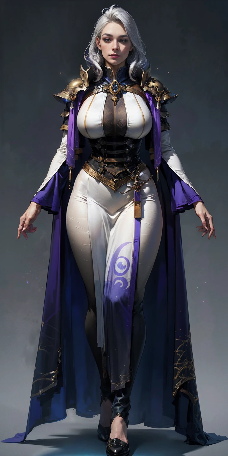 Character:
Female
Chest covered (presumably by clothing)
Smiling
Skin: Gray and purple with interesting mottling or swirling patterns (optional)
Hair: Pale golden, flowing and well-maintained (or styled in a specific way if you have one in mind)
Eyes: Violet, sparkling with amusement (or another emotion that fits your vision)
Attire:
Prefers white and silver clothing, with intricate details or embroidery (optional)
Deep blue or purple cloak (optional), lined with a contrasting color for a touch of elegance (optional)
Pose:
Standing tall and straight, with her feet shoulder-width apart and arms relaxed at her sides. This pose will showcase her full figure from head to toe in a symmetrical manner.
Background:
Plain (or a subtle gradient if you want to add a touch of depth)
Image details:
High resolution
Very detailed (including the clothing, with flowing fabric and realistic textures)
Additional details:
Full-figured and voluptuous (emphasizes her curves without being vulgar)