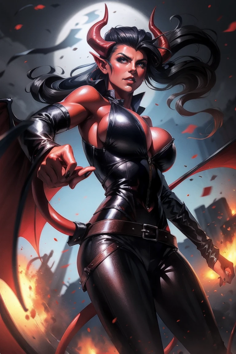 Red skin succubus tiefling, medium breasts, black horns, wings, huge tail, black leather, tall, toned, graceful, thin, long black ponytail. Action scene, shotgun. Dark scene, explosions, night sky.