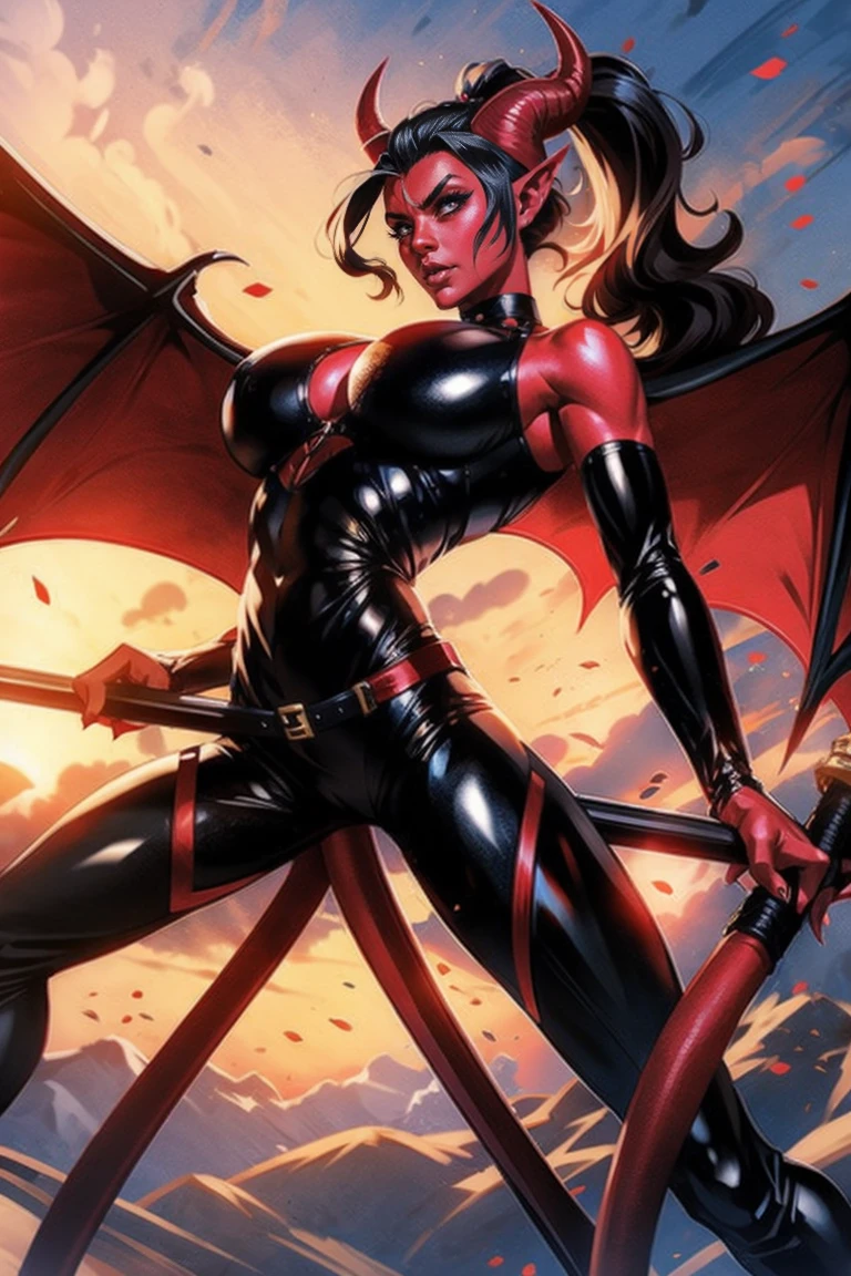 Red skin succubus tiefling, medium breasts, black horns, wings, huge tail, black leather, tall, toned, graceful, thin, long black ponytail. Action scene, shotgun.