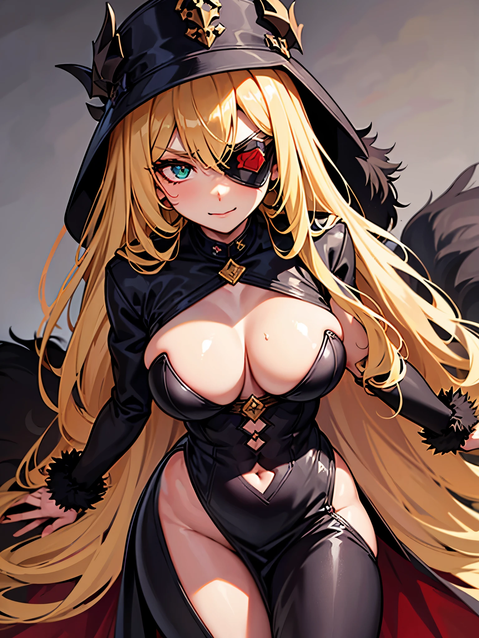 ((masterpiece)), ((best quality)), 1girl, adult, long hair, big bust, ((blonde hair)), very long blonde hair, ((intimidant look)), ((close-up)), profile image, green eyes, black and red clothes, sexy, dark colors, brillant eyes, ((coat with fur)), ((wavy hair)), exposed skin, ((sexy pose)), ((intimidant look)), good anatomy, ((dark sage clothes)), ((straight cut bangs)), emotionless, intimidant, ((beautiful eyes)), dark background, close up, ((detailed eyes)), beautiful eyes, ((detailed face)), hair bang, frontal look, evil, relaxed, smile, magical goddess othinus, abs, detailed face, eyepatch, huge tits, full body, ((detailed))