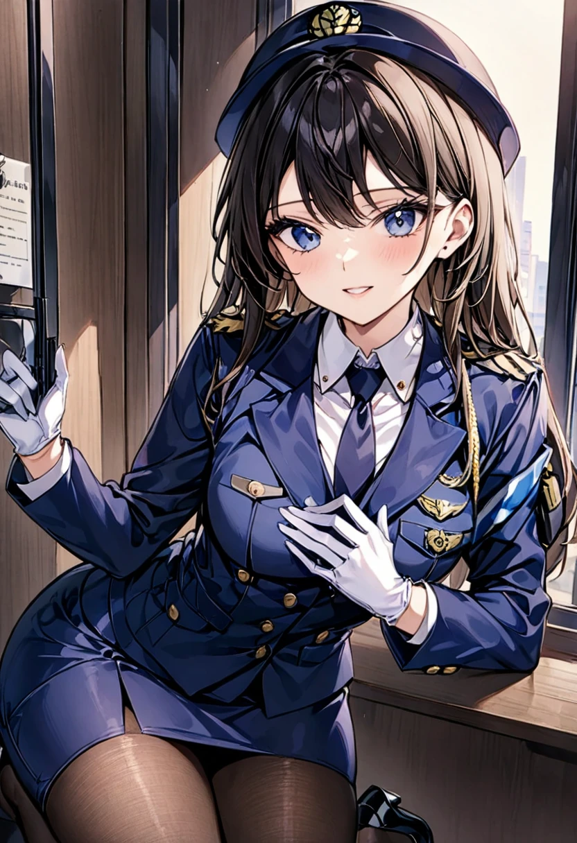 woman１people、woman警察官、紺色のwoman警察官、woman警察官の制帽、Uniform Buttons、Collared shirt、Black tie、Navy blue pencil skirt、Black Pantyhose、Uniform jacket、Black pumps、White gloves