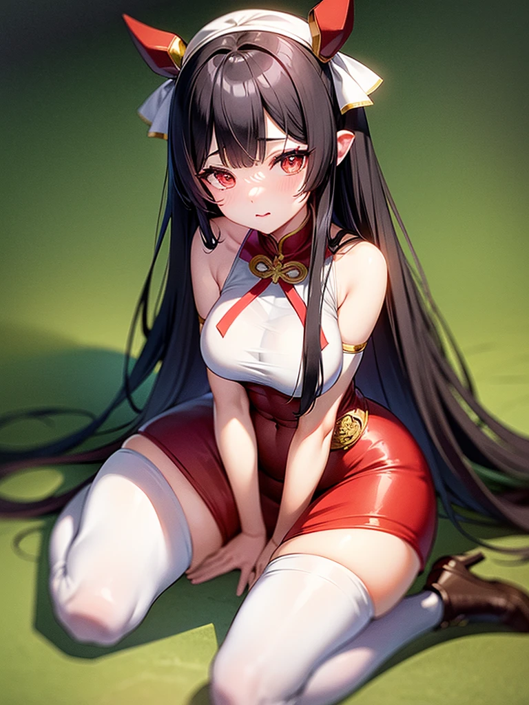 She has long black hair that reaches her waist.,A special ornament with a red heart on the left side of the head,Wearing a white triangle tights with red edges and a tight neck,白皙的双
手上戴着equally的白色长筒丝手套,There is a golden ring on the arm to tighten,equally,Her long legs were also wearing white high socks and boots with golden rings.,She looks18Around the age of,
The breasts are particularly round and plump.,She looks very attractive under tight clothes,In her white tights,In the chest,Lower abdomen,Arms, ankles, and upper hips,There is a black text。
