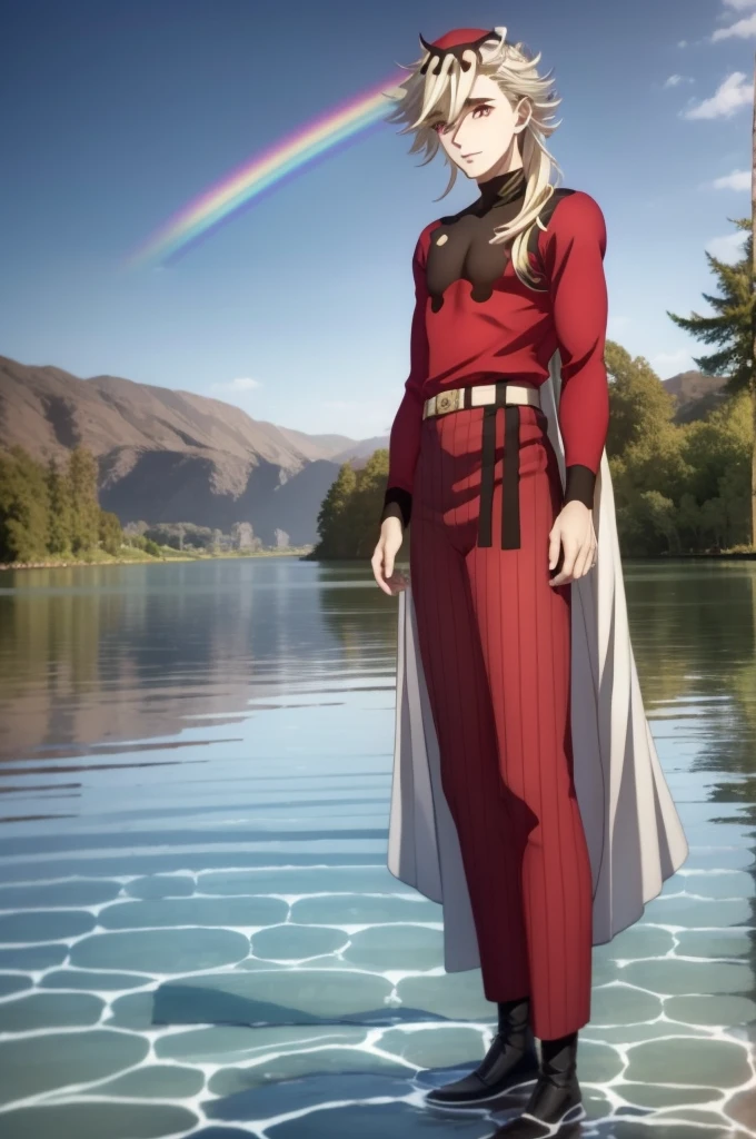 Douma, 0.8, (rainbow eyes::1), long blond silver hair, cinematic lighting, standing in the middle of the lake, looking at the viewer, full body