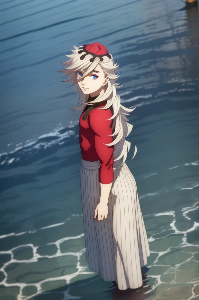 Douma, 0.8, (rainbow eyes::1), long blond silver hair, cinematic lighting,  standing in the middle of the lake, looking at the viewer, full body
