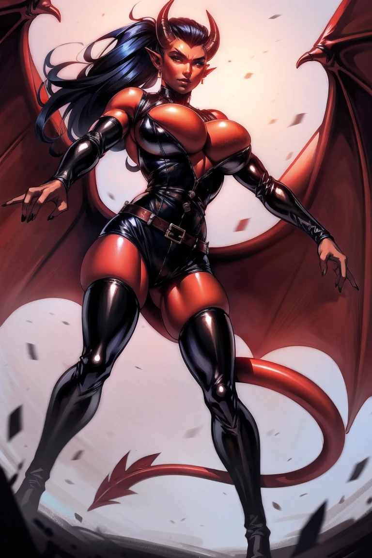 Red skin succubus tiefling, medium breasts, black horns, wings, huge tail, black leather, tall, toned, graceful, thin, long black ponytail. Action scene, shotgun.