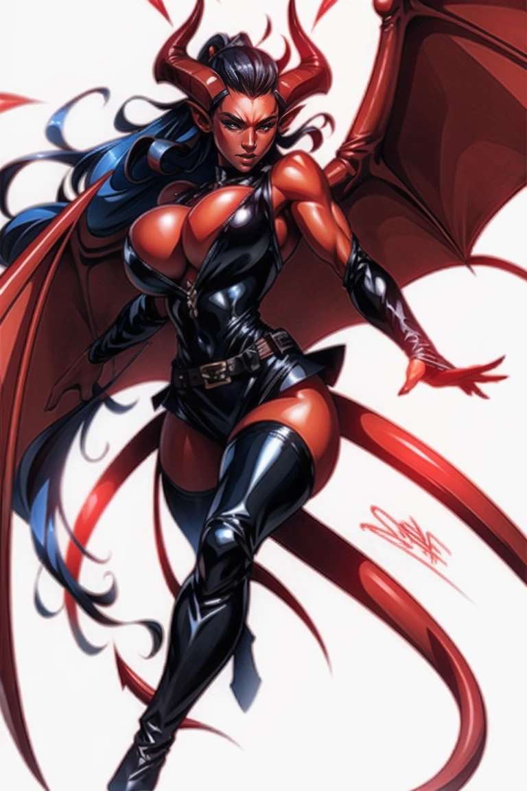 Red skin succubus tiefling, medium breasts, black horns, wings, huge tail, black leather, tall, toned, graceful, thin, long black ponytail. Action scene, shotgun.