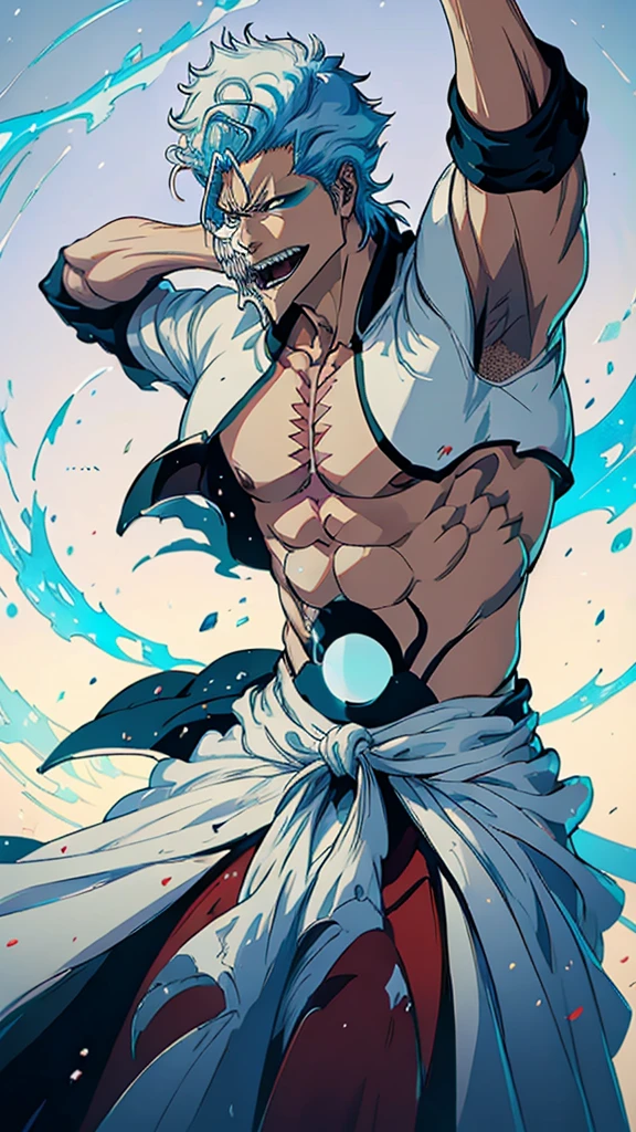 (masterpiece, best quality:1.2),1boy,solo, Grimmjow Jaegerjaquez, badass laughing pose,bleach, powerful aura,red aura,8k,64k, HD, unparalleled masterpiece, dynamic lighting, cinematic, epic, highest quality digital art, Stunning art, wallpaper 4k, official art for bleach,art by Tite Kubo, absolutely stunning art